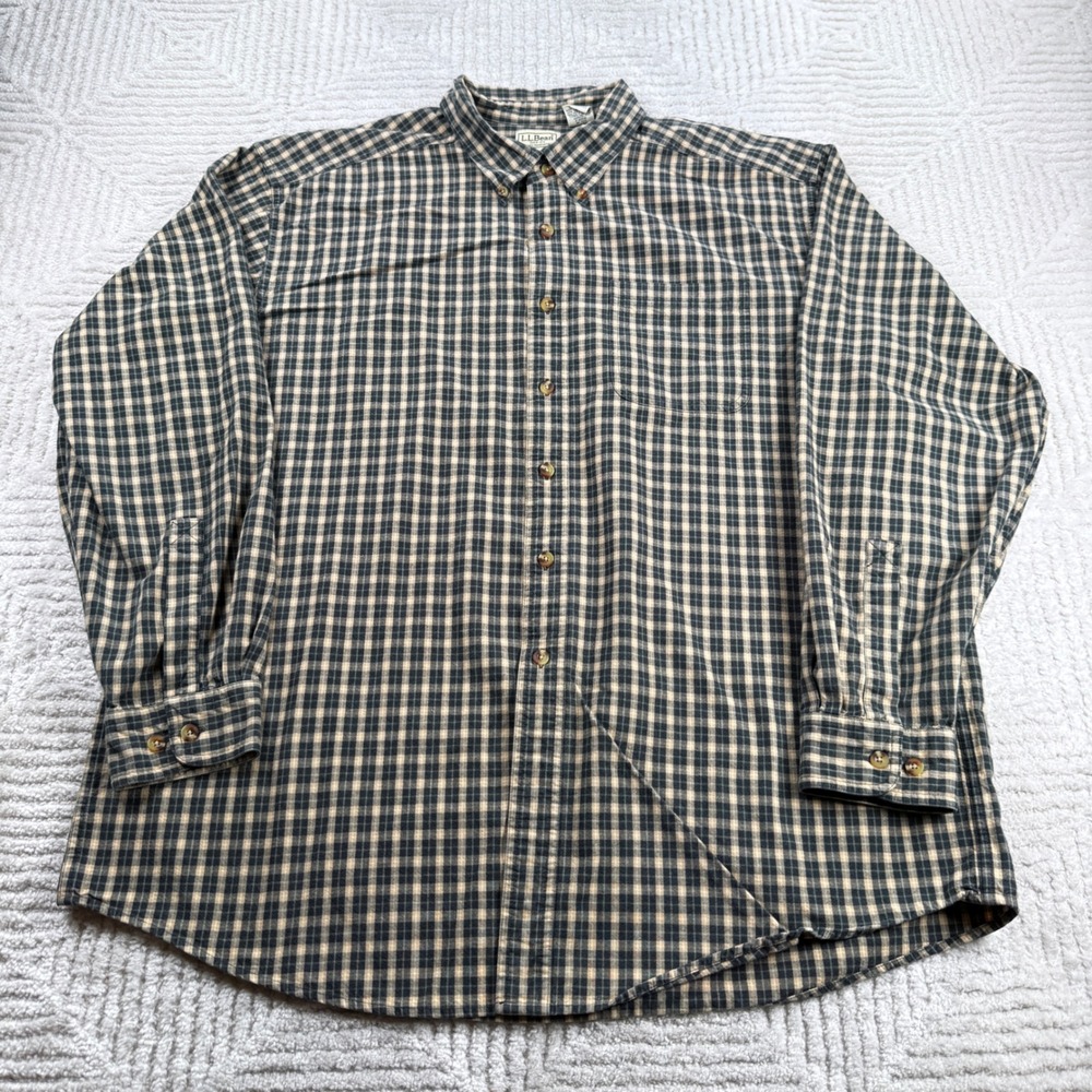 L.L. Bean Button Down Shirt Men XL Tan Plaid Cotton Gorp Cabin Rugged VTG Y2K